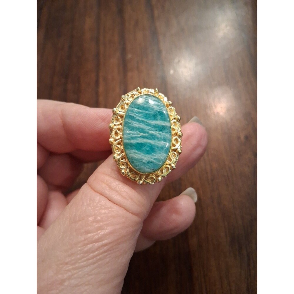 Amazonite Ring Goldtone Size 6 Stone Oval Shape Turquoise Blue